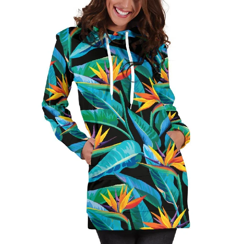 Teal Tropical Pattern Print Pullover Hoodie Dress