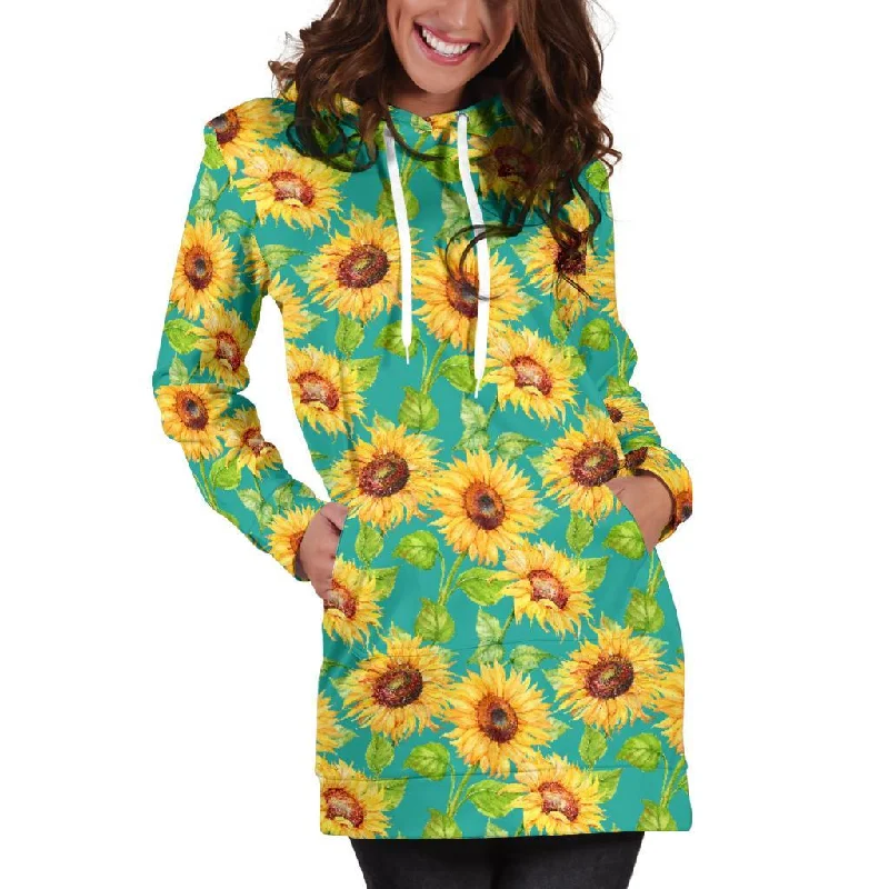 Teal Watercolor Sunflower Pattern Print Pullover Hoodie Dress