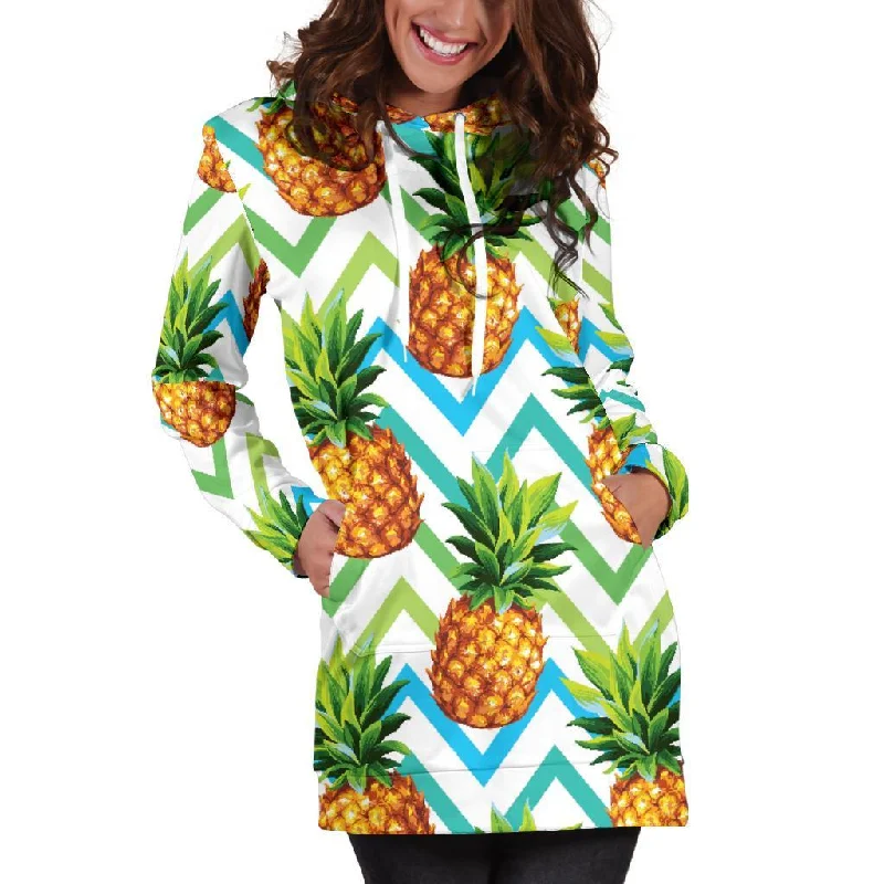 Teal Zig Zag Pineapple Pattern Print Pullover Hoodie Dress