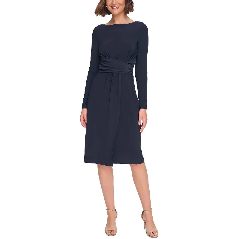 Tommy Hilfiger Womens Ruched Waist Boat Neck Evening Dress