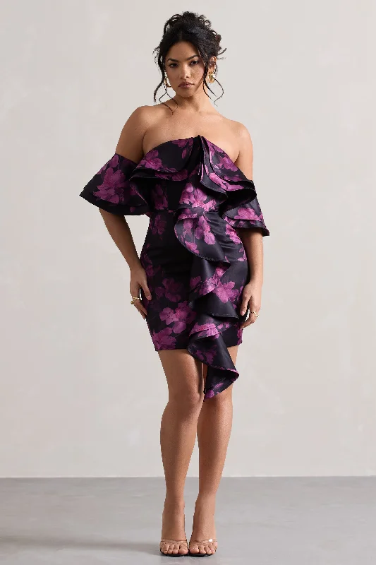 Aspen | Black Floral Print Bardot Mini Dress With Ruffles Chic Mini Dress with V-Neck Aspen | Black Floral Print Bardot Mini Dress With Ruffles Chic Mini Dress with V-Neck
