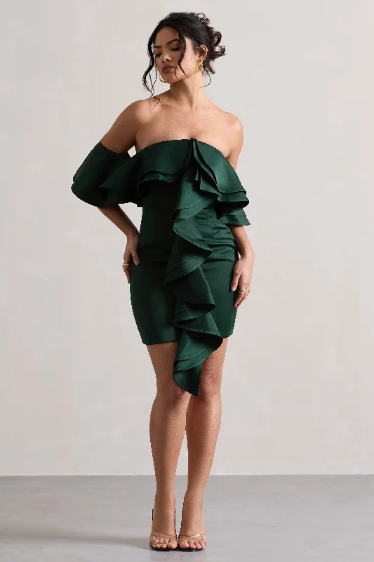 Aspen | Bottle Green Bardot Mini Dress With Ruffles Comfortable Smocked Mini Dress