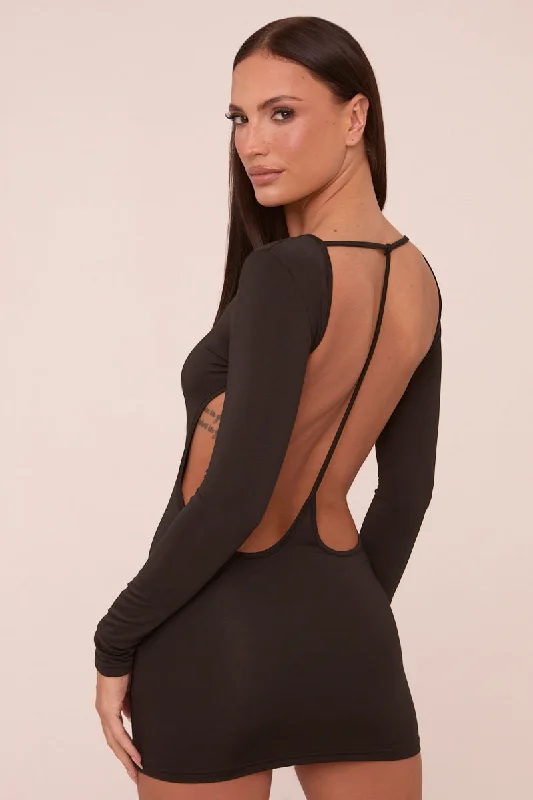 Black Cut Out Back Long Sleeve Long Sleeves Mini Dress - Zivah Elegant Sequin Mini Dress