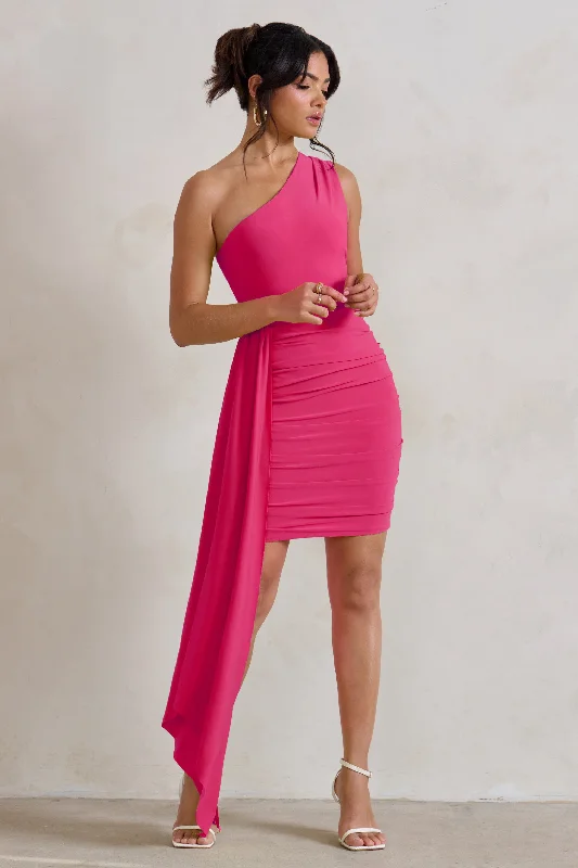 Charlie | Pink One Shoulder Ruched Mini Dress With Statement Drape Elegant Satin Mini Dress