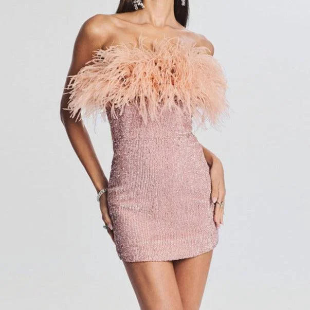 Felicita Sequin Feather Off Shoulder Mini Dress Trendy Crossover Mini Dress