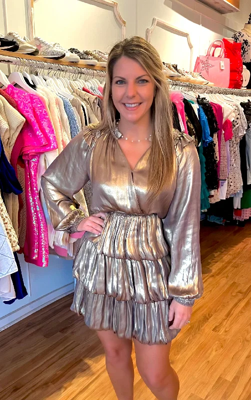 Gold Metallic Tiered Mini Dress Casual V-Neck Mini Dress