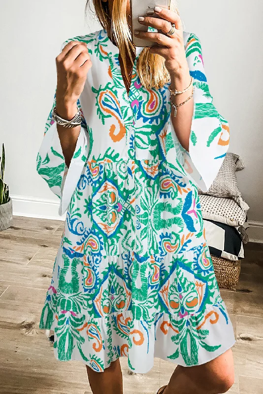 Green Tribal Bracelet Sleeve Buttoned Mini Dress Fashionable Boho-Chic Mini Dress