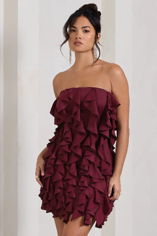 It Girl | Plum Bandeau Bodycon Mini Dress With Ruffles Modern Satin Mini Dress