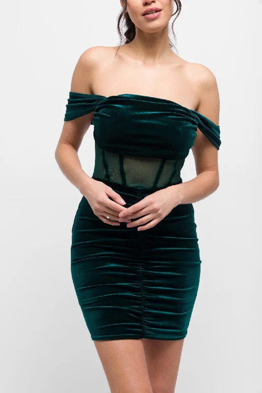 Joci Mini Dress in Emerald Green with Mesh Boning. Luxe & Alluring Stylish Plaid Mini Dress