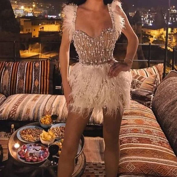 Judy Spaghetti Strap Rhinestone Fringed Trim Mini Dress Chic Puff Sleeve Mini Dress