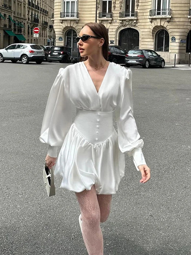 LIZAKOSHT - Solid Satin Women Mini Dresses Elegant V Neck Long Lantern Sleeve High Waist Female Short Dress Autumn New Fashion Lady Vestidos Fashionable Party Mini Dress LIZAKOSHT - Solid Satin Women Mini Dresses Elegant V Neck Long Lantern Sleeve High Waist Female Short Dress Autumn New Fashion Lady Vestidos Fashionable Party Mini Dress