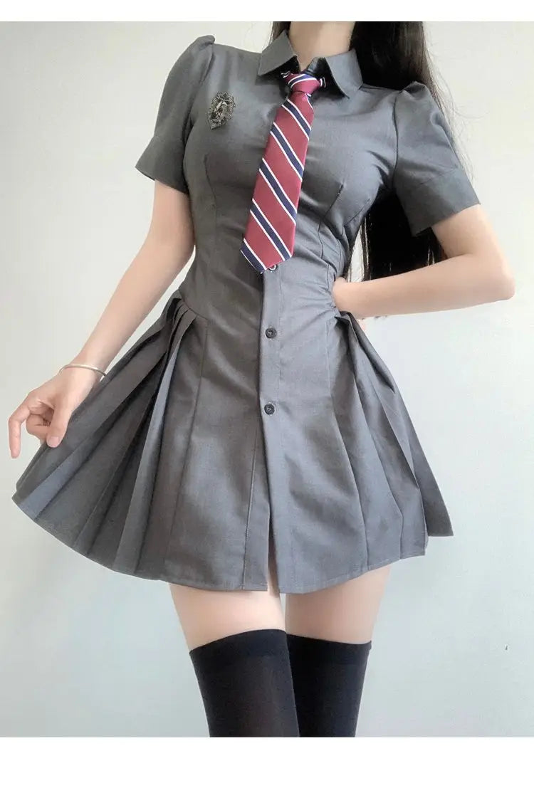 LIZAKOSHT - Women Dress Sweet Original JK Uniform Mini Dresses Gray Slim Preppy Pleated Short Skirts Summer Female Trendy Clothes Casual Mini Dress with Pockets LIZAKOSHT - Women Dress Sweet Original JK Uniform Mini Dresses Gray Slim Preppy Pleated Short Skirts Summer Female Trendy Clothes Casual Mini Dress with Pockets