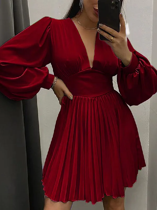 Long Sleeves Pleated Mini Dresses Stylish Short Sleeve Mini Dress