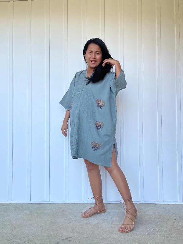 Miyu Mini Dress in Sage Gray and Hand Embroidery Trendy Crossover Mini Dress