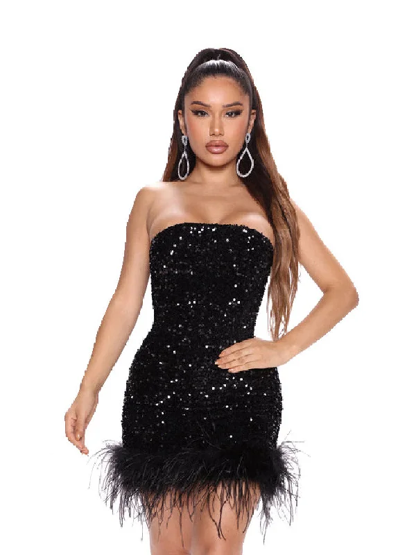 Off Shoulder Sequin Feather Mini Dresses Fashionable Mini Dress with Pockets