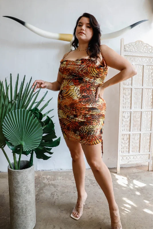Plus Brown Fall Colors Pattern Drawstring Ruched Slip Mini Dress Stylish Summer Mini Dress Plus Brown Fall Colors Pattern Drawstring Ruched Slip Mini Dress Stylish Summer Mini Dress