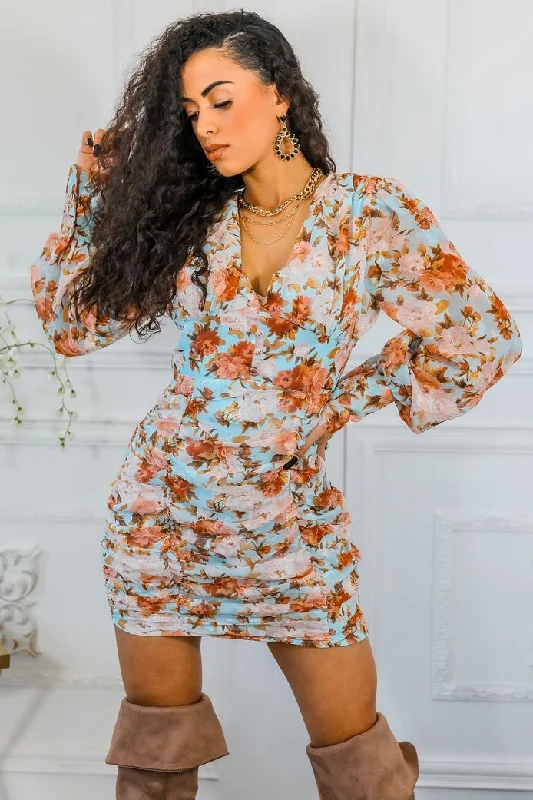 Rain of Flowers Bubble Sleeves Mini Dress Comfortable Zip-Up Mini Dress