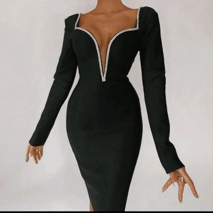 Reena Diamond Embellished V Neck Long Sleeve Mini Dress Trendy Cut-Out Mini Dress