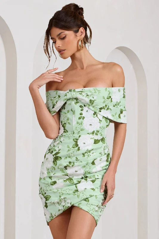 Snowdrop | White & Green Floral Print Wrap Mini Dress Modern Satin Mini Dress