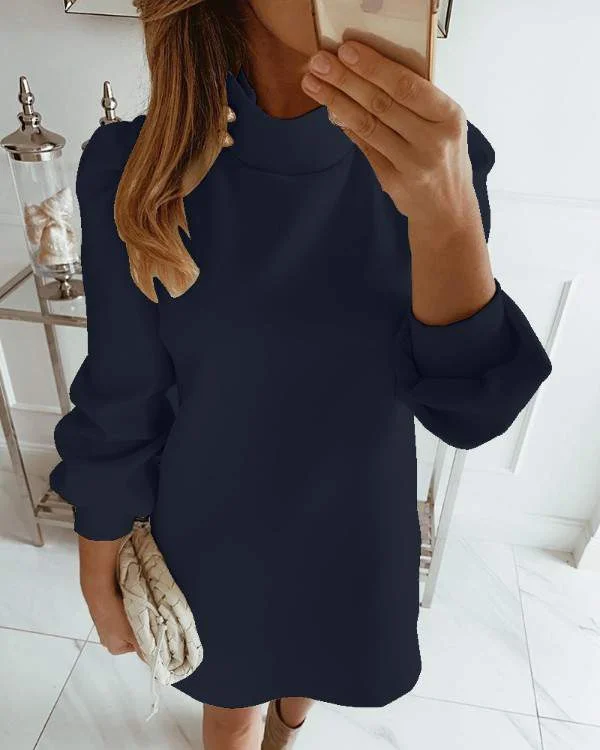 Solid High Neck Mini Dress Fashionable Lace Mini Dress