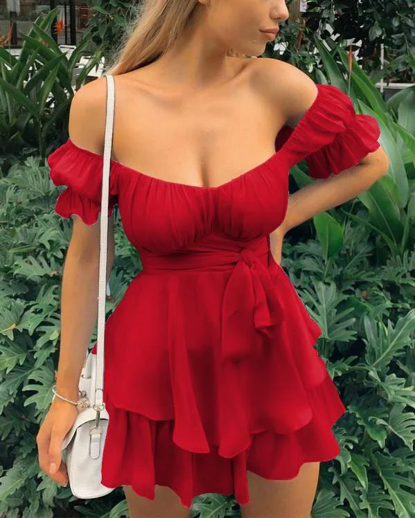 Solid Ruffles Hem Strap Short Sleeve Cold Shoulder Mini Dress Stylish Sweetheart Mini Dress Solid Ruffles Hem Strap Short Sleeve Cold Shoulder Mini Dress Stylish Sweetheart Mini Dress