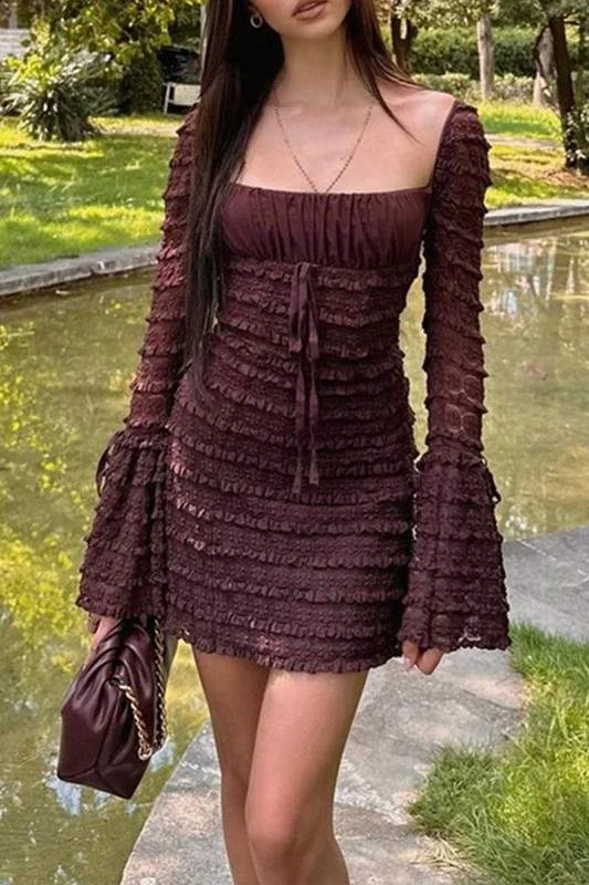 SQUARE NECK LONG FLARE SLEEVE MINI DRESS Cozy Long Sleeve Mini Dress