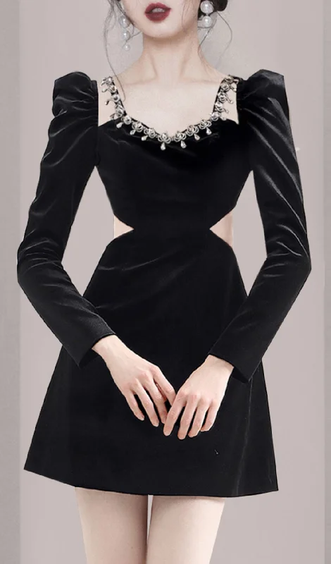 SQUARE NECK LONG SLEEVE VELVET MINI DRESS Fashionable Denim Mini Dress