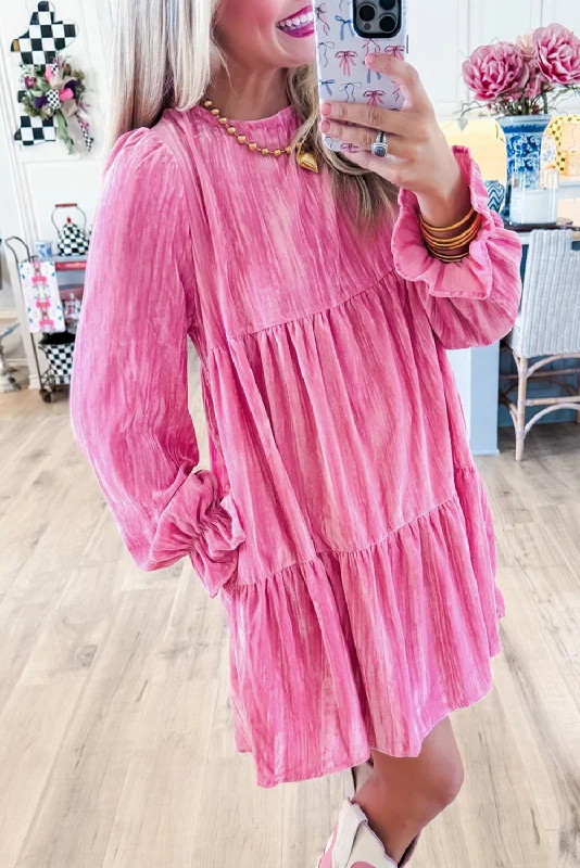 Strawberry Pink Flounce Sleeve Tiered Ruffled Velvet Mini Dress Elegant Lace Mini Dress Strawberry Pink Flounce Sleeve Tiered Ruffled Velvet Mini Dress Elegant Lace Mini Dress