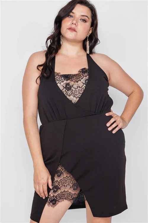 Plus Size Lace Detail Bodycon Mini Dress in Black Elegant Silk Mini Dress