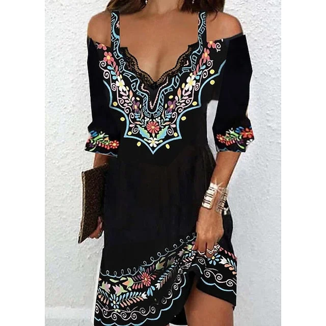 Women's Casual Dress Ethnic Dress Mini Dress Black 3/4 Length Sleeve Pure Color Print Summer Spring Fall V Neck Stylish S M L XL XXL 3XL Casual V-Neck Mini Dress Women's Casual Dress Ethnic Dress Mini Dress Black 3/4 Length Sleeve Pure Color Print Summer Spring Fall V Neck Stylish S M L XL XXL 3XL Casual V-Neck Mini Dress