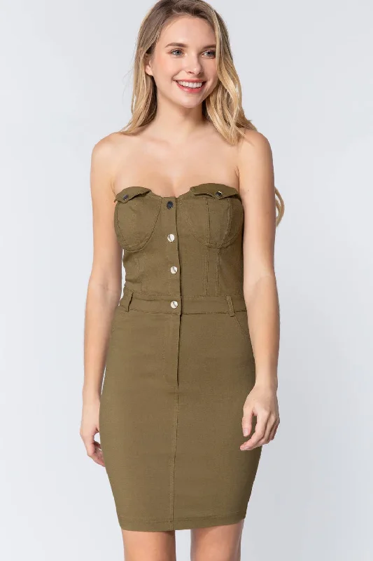 Active USA | Women Strapless Button Down Mini Dress in Light Olive Green Cozy Jersey Mini Dress