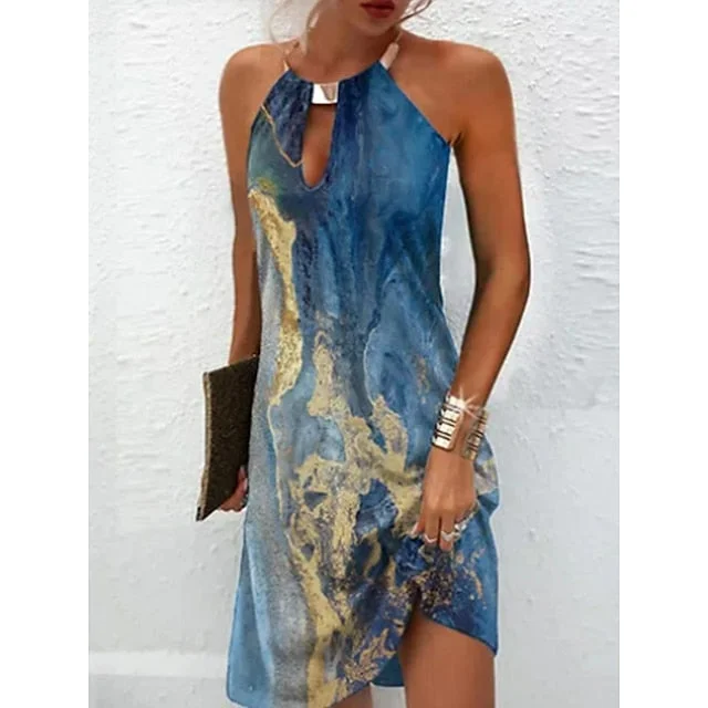 Women's Casual Dress Summer Dress Halter Neck Dress Graphic Marble Print Print Halter Mini Dress Fashion Modern Daily Holiday Sleeveless Loose Fit Pink Blue Green Summer Spring S M L XL XXL Stylish Button-Down Mini Dress