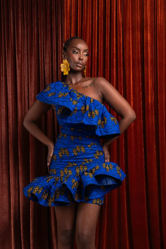 YOMI African Print One Sleeve Ruffle  Mini Dress Casual High-Waist Mini Dress