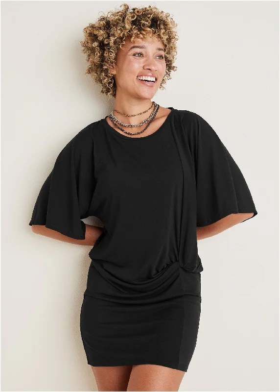 Hip Twist Mini Dress - Black Comfortable Shift Mini Dress