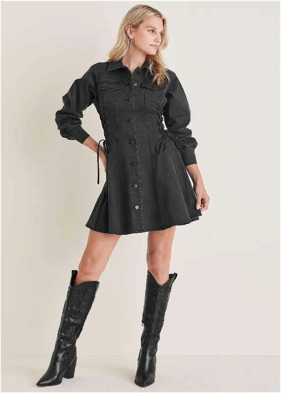 Lace-Up Denim Mini Dress - Black Wash Chic Sleeveless Mini Dress