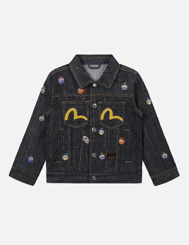 Allover Pompadour Daruma Print Denim Jacket Knit Fabric Woven Fabric Fleece Fabric