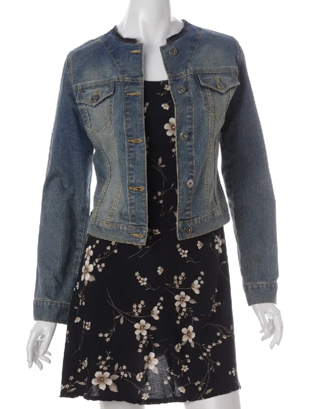 Label Faded Wash Collarless Denim Jacket Herringbone Jacket Houndstooth Jacket Plaid Jacket