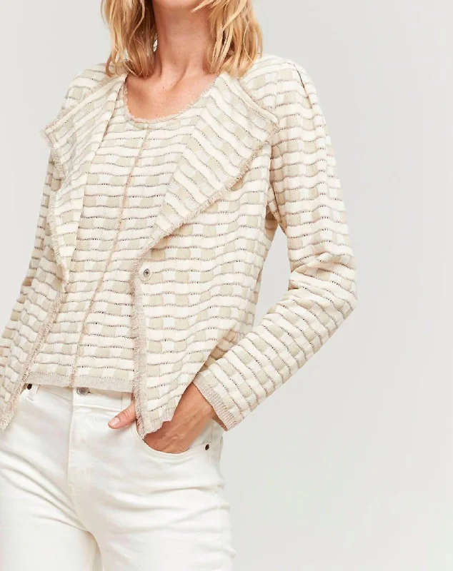 Checked Open Front Button Jacket In Tan/white Stand-Up Collar Roll-Neck Collar Turtle Neck