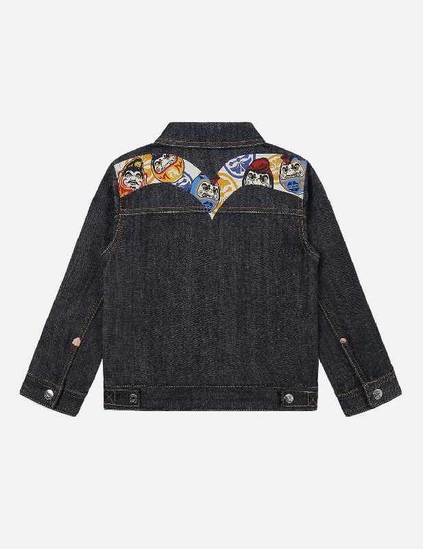 Daruma-pattern Daicock Print Denim Jacket Front Pockets Side Pockets Patch Pockets