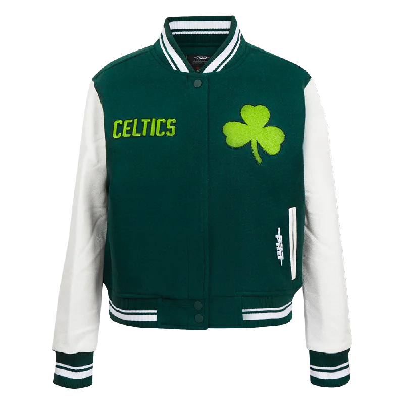 NBA BOSTON CELTICS CITY EDITION 24-25 WOMEN'S RIB WOOL VARSITY JACKET (FOREST GREEN/WHITE) One-Shoulder Jacket Off-the-Shoulder Jacket Asymmetrical Jacket