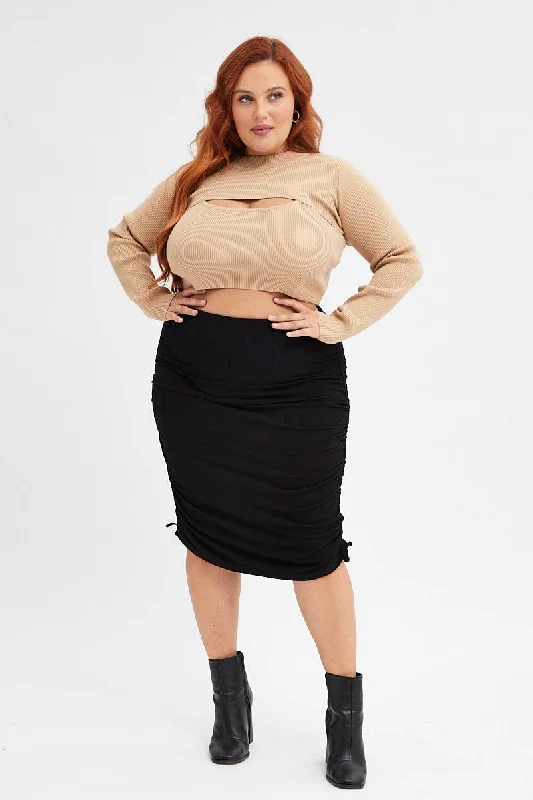 Black Rib Skirt Jersey Drawstring Side Knee Length seamless skirt comfort