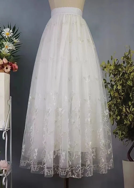 Boutique White Embroidered Butterfly High Waist Tulle Skirt Spring chiffon skirt flowing Boutique White Embroidered Butterfly High Waist Tulle Skirt Spring chiffon skirt flowing