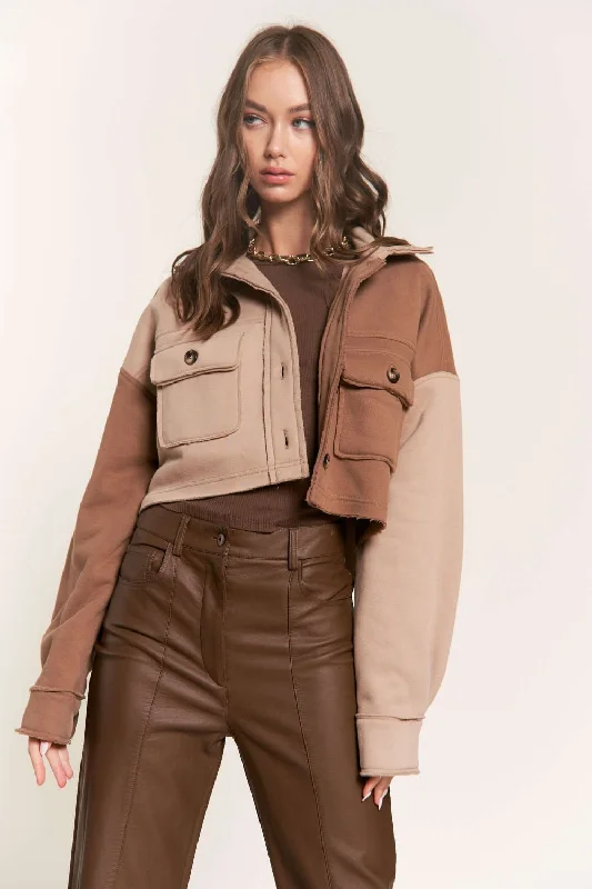 BROWN  COLLARED LONG SLEEVES CROP JACKET SNJK8862P Denim Fabric Leather Fabric Suede Fabric