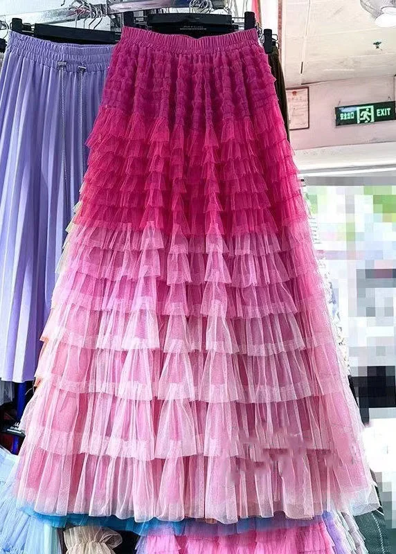 Chic Rose Gradient Color Wrinkled Elastic Waist Tulle Skirt Summer silk skirt lustrous Chic Rose Gradient Color Wrinkled Elastic Waist Tulle Skirt Summer silk skirt lustrous