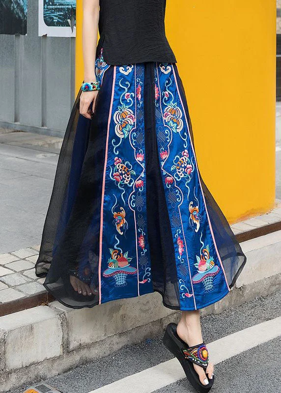 Chinese Style Black Patchwork Embroideried Chiffon Skirts Spring denim skirt classic Chinese Style Black Patchwork Embroideried Chiffon Skirts Spring denim skirt classic