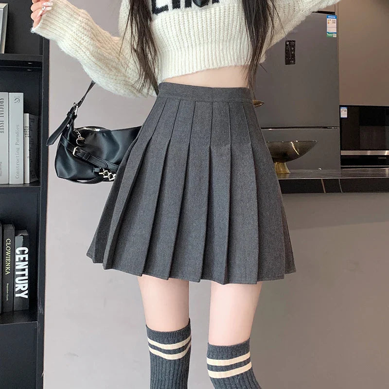 FashionSierra - New Korean Preppy Style Mini Pleated Women 2024 New High Waist Woolen Autumn Winter Casual Wool Skirt zip skirt side