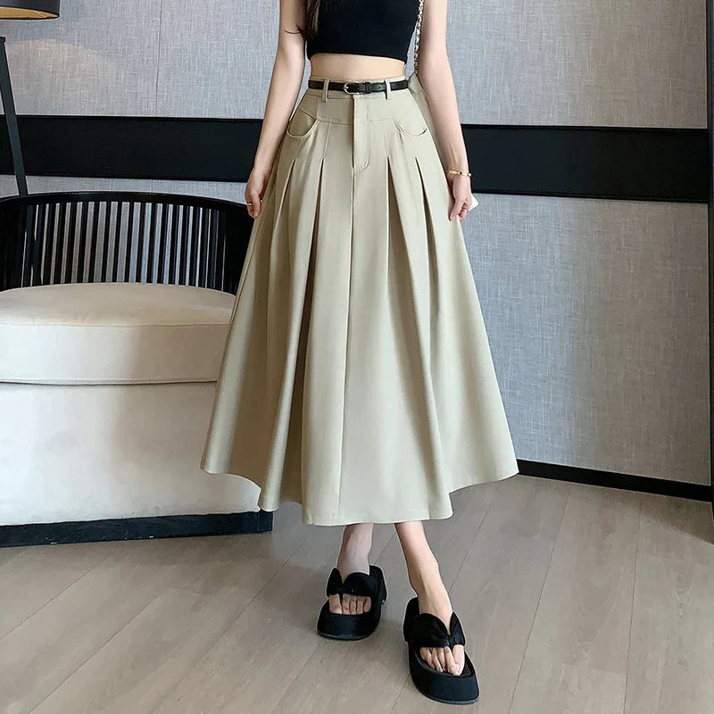 FashionSierra - 2024 New Spring Summer Women Pleated Long Fashion High Waist A-line Umbrella Ladies Casual Suit Skirt chiffon skirt flowing