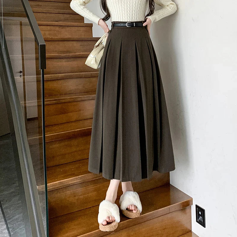 FashionSierra - 2024 New Autumn Winter Woolen Women Long High Waist A-line Pleated Korean Style Ladeis Wool Midi Skirt chiffon skirt airy FashionSierra - 2024 New Autumn Winter Woolen Women Long High Waist A-line Pleated Korean Style Ladeis Wool Midi Skirt chiffon skirt airy