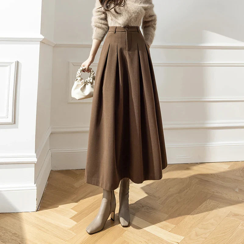 FashionSierra - 2024 New Winter Woolen Long Womens Fashion High Waist Ball Gown Pleated Korean Style Ladies Wool Skirt velvet skirt sumptuous