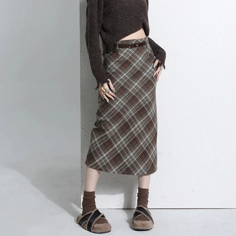 Retro Woolen Plaid Womens Fashion Autumn Winter Wool High Waist A-line Midi Ladies Casual Long Skirt seamless skirt comfort Retro Woolen Plaid Womens Fashion Autumn Winter Wool High Waist A-line Midi Ladies Casual Long Skirt seamless skirt comfort